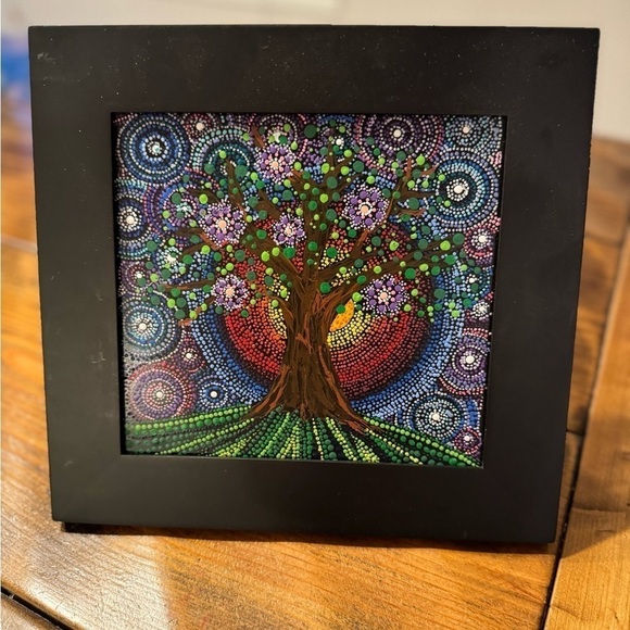 Beautiful hand painted in dot mandala style Tree. Black frame 9”x10”